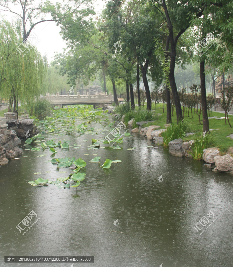 雨天北宁公园荷塘石拱桥