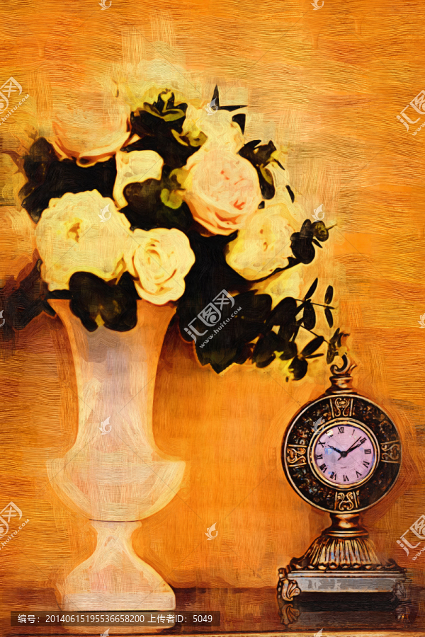 油画,花瓶,闹钟