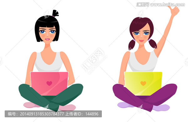 卡通女孩在使用电脑