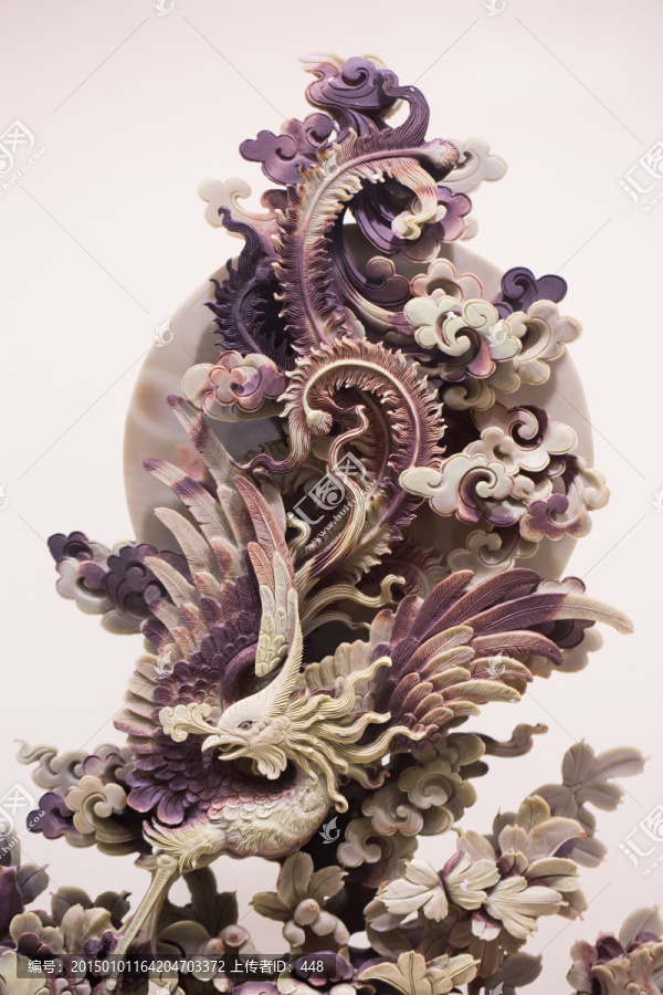 紫袍玉带石雕,凤戏牡丹,凤凰