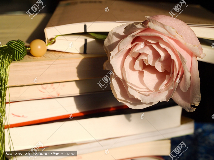 一摞书,玫瑰花