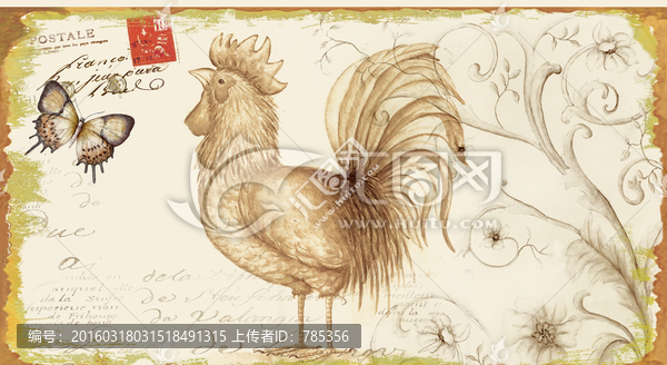 公鸡,邮票,英文字,无框画