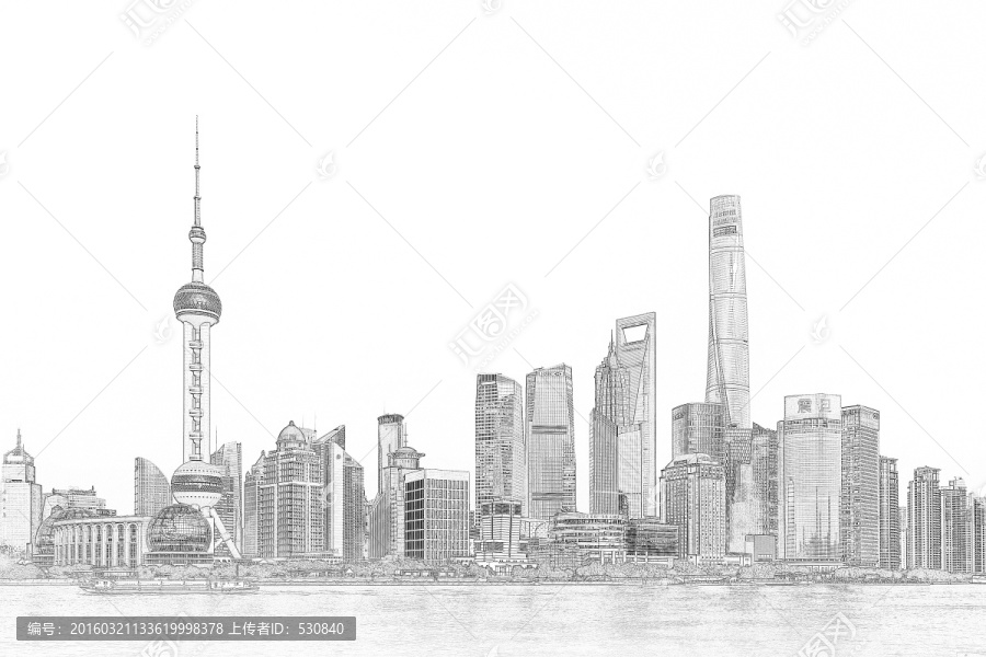上海风光全景线描,（未分层）