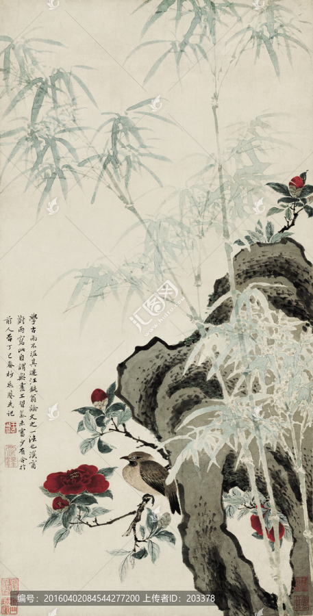清,王武,花竹栖禽图