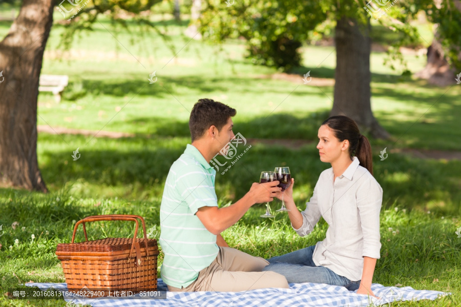 公园里野餐喝红酒的情侣