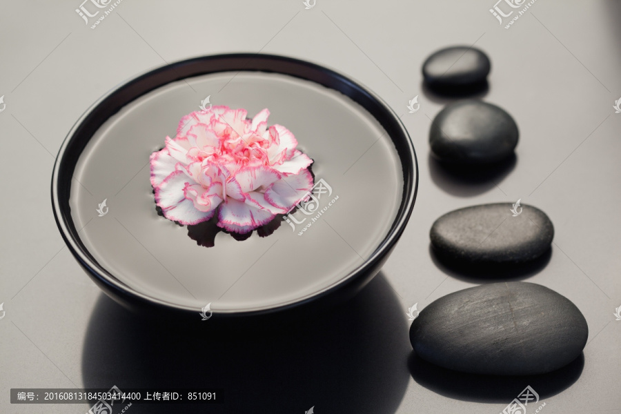 黑色石头和盘子上的康乃馨