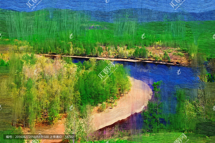 电脑油画,森林河湾