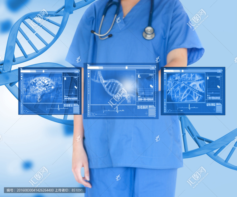 女医生查看屏幕上的DNA结构图