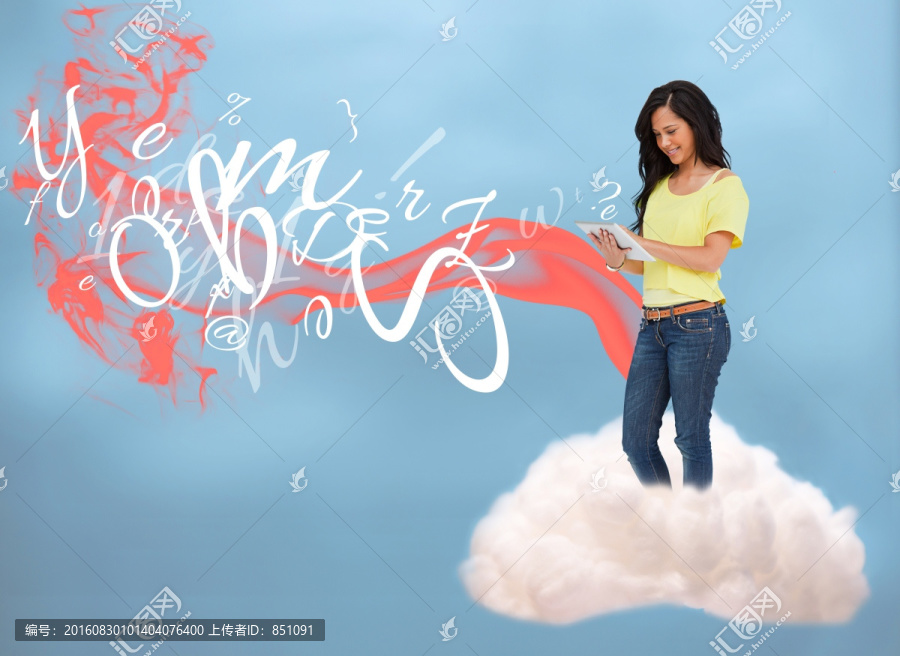 云端上连接上网的女人