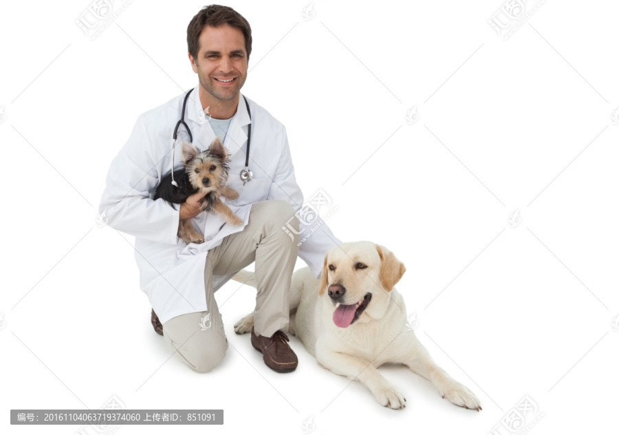 微笑着摸着小狗的兽医