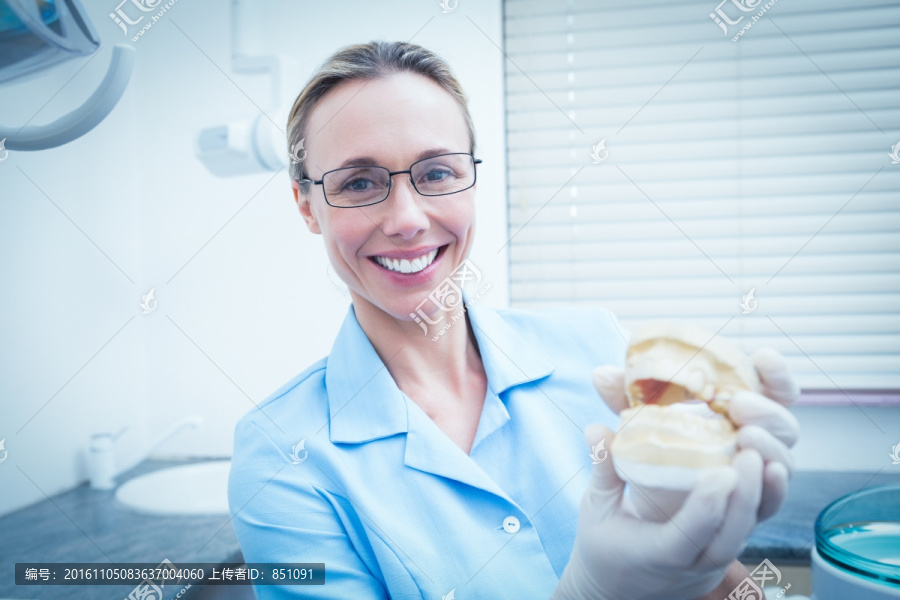 微笑着拿着口腔模型的牙医