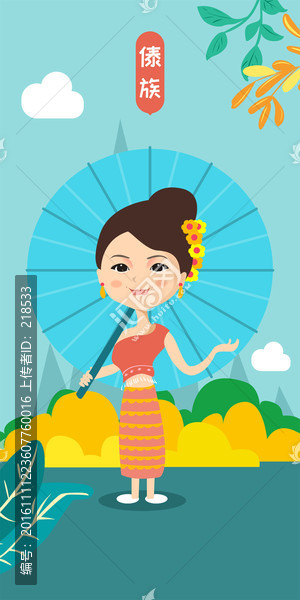 泰国云南傣族女孩人物风景插画