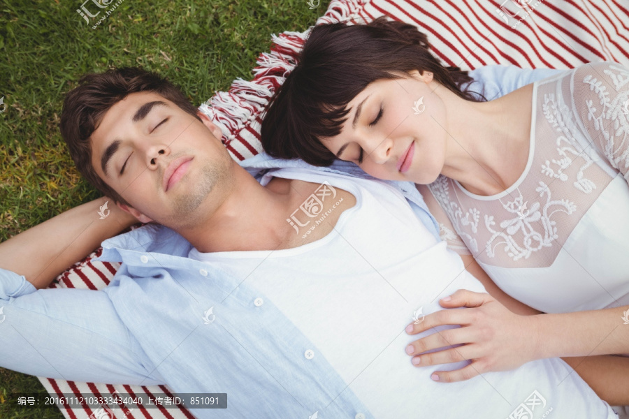 躺在野餐巾上睡觉的夫妇