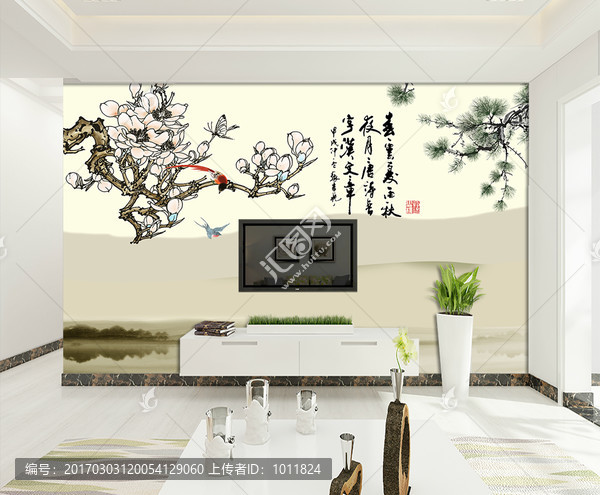 玉兰花山水国画中式电视背景墙