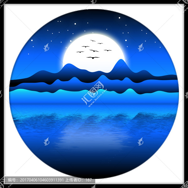 新中式夜空山水装饰画,插画
