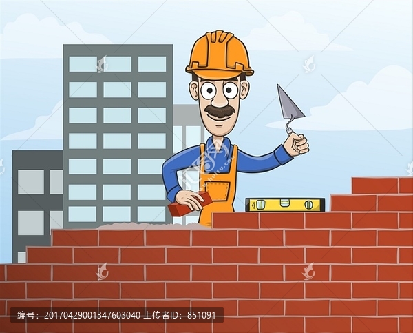 在建筑红砖墙的工人矢量图
