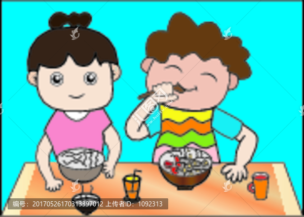 卡通漫画男孩和女孩吃饭