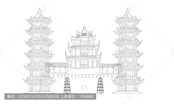 古庙宝塔线条稿