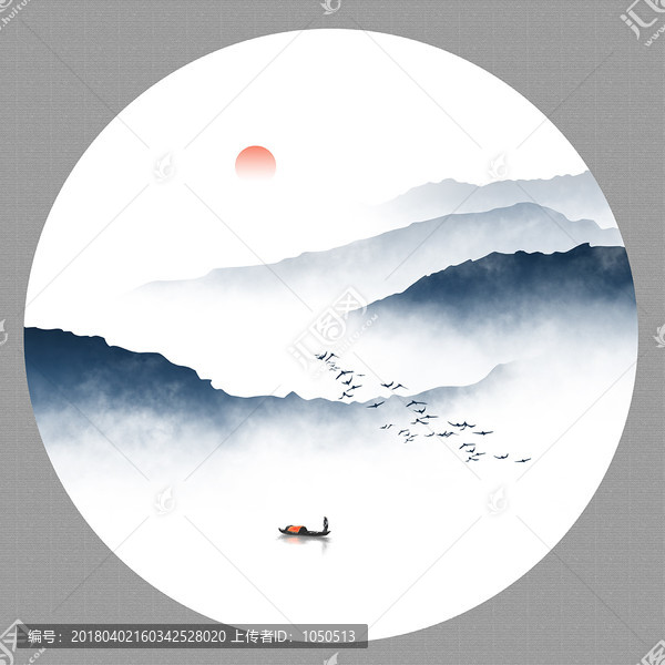 圆形水墨山水画