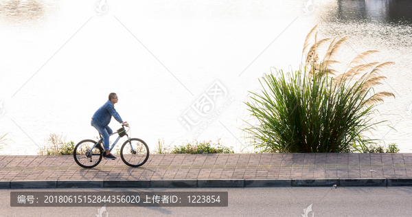 湖泊夕阳骑车