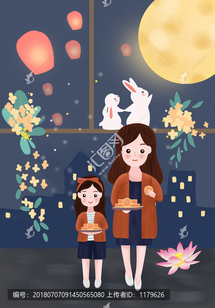 亲子插画母女中秋节海报