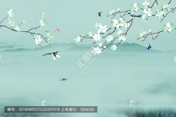 新中式山水手绘玉兰花鸟图