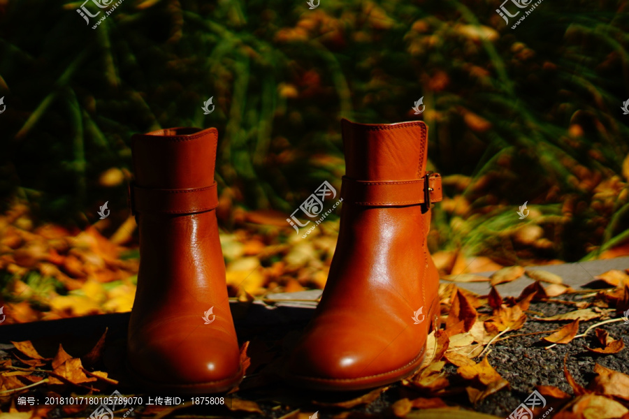 牛皮鞋在秋叶场景中