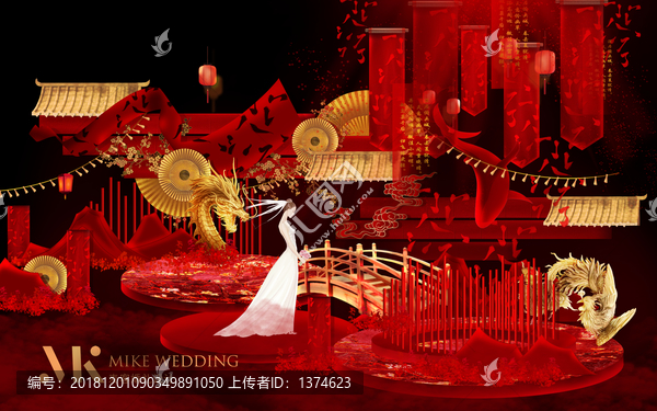 红金色中式手绘婚礼背景