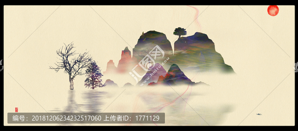 江山中国风壁画写意山水画