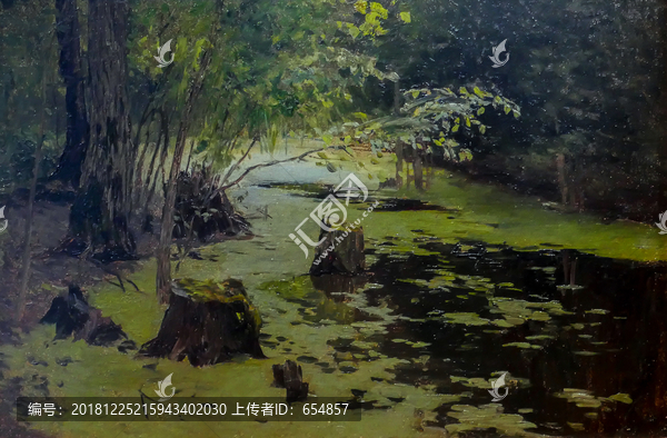 油画森林中池塘树桩