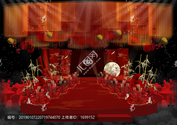 红色新中式婚礼舞台