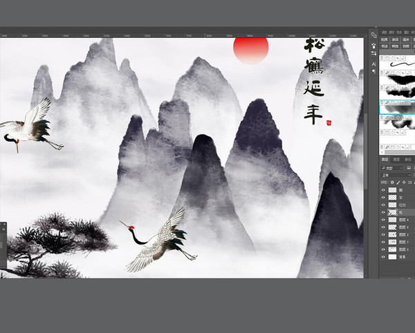 新中式水墨松鹤山水画背景墙壁画