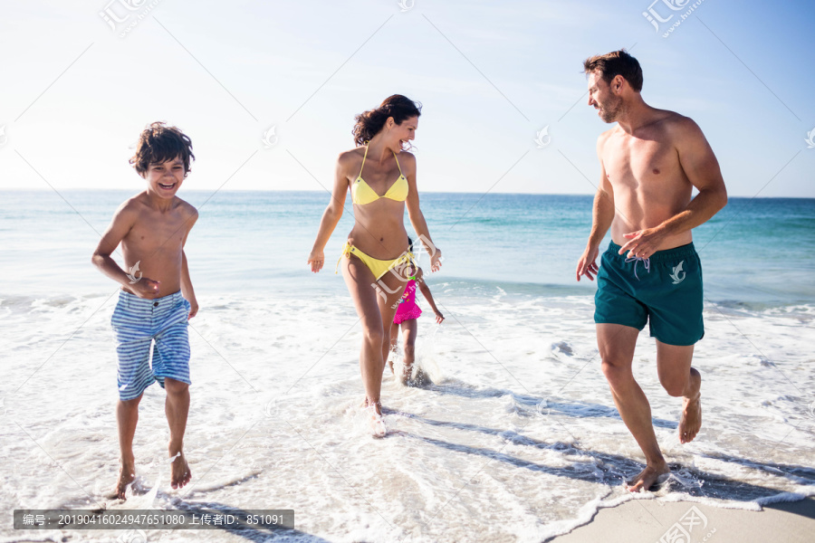 可爱的一家人走出海边
