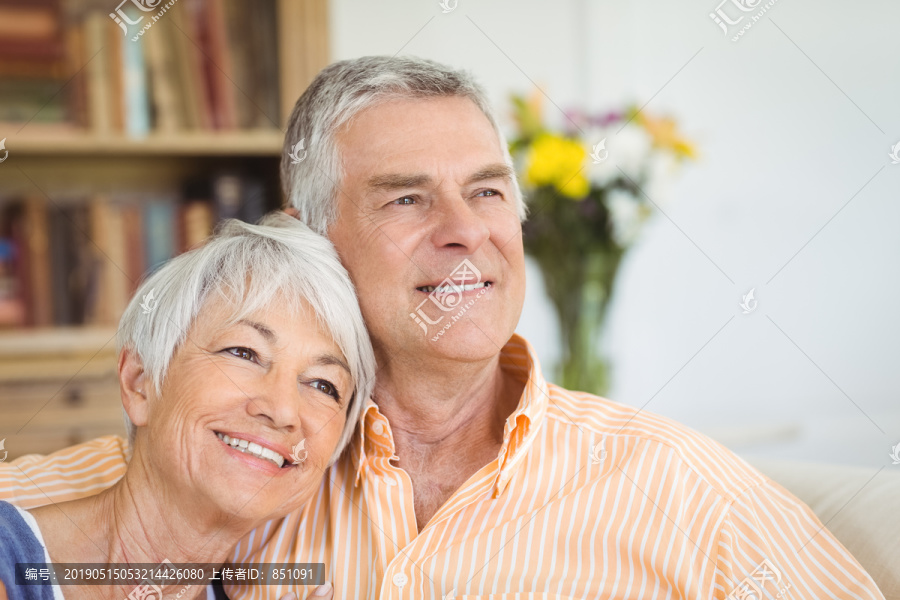 居室沙发上微笑的老年夫妇合影