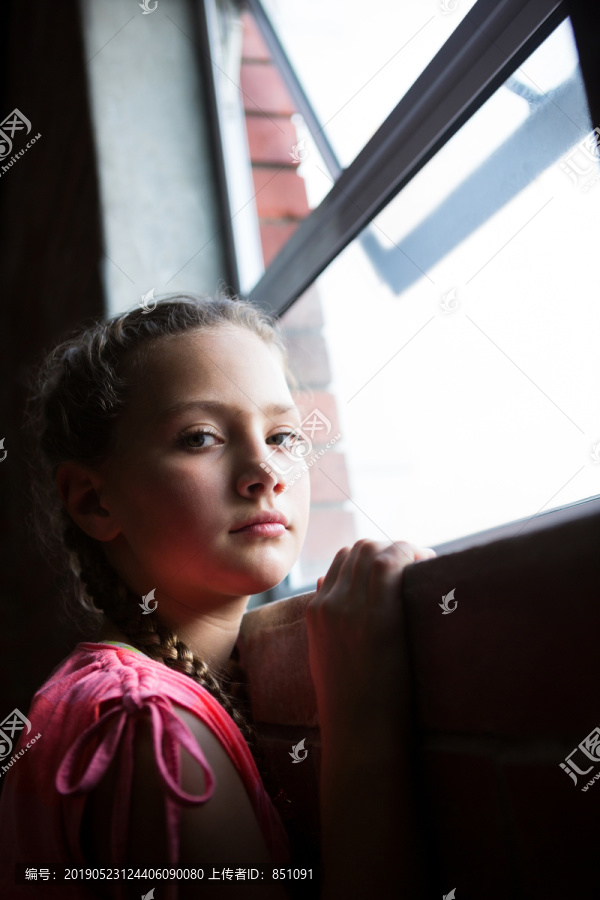 站在窗边的少女画像
