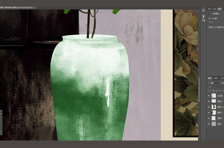 手绘新中式古典静物玉花瓶装饰画