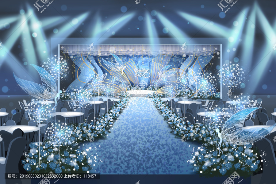 蓝白色主舞台婚礼手绘效果图