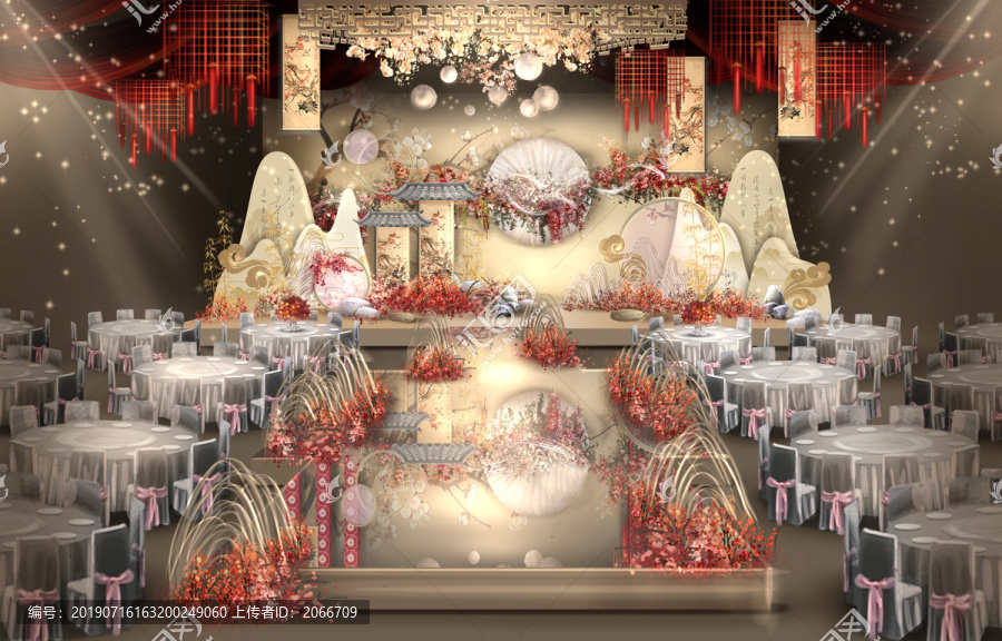 中式新中式红金香槟婚礼效果图