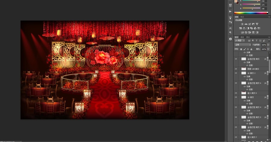 中式红金灯笼泡雕婚礼背景效果图