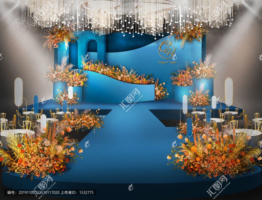 蓝色橙色撞色婚礼舞台效果图设计