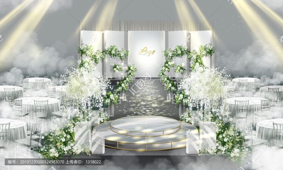 韩式白绿色舞台婚礼效果图