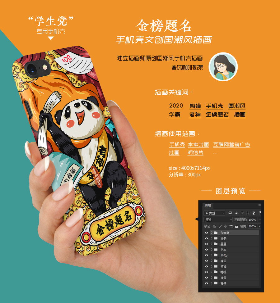 金榜题名国潮熊猫手机壳插画