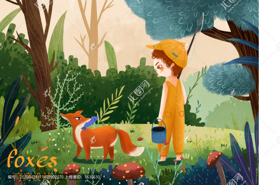 森林里小男孩和狐狸