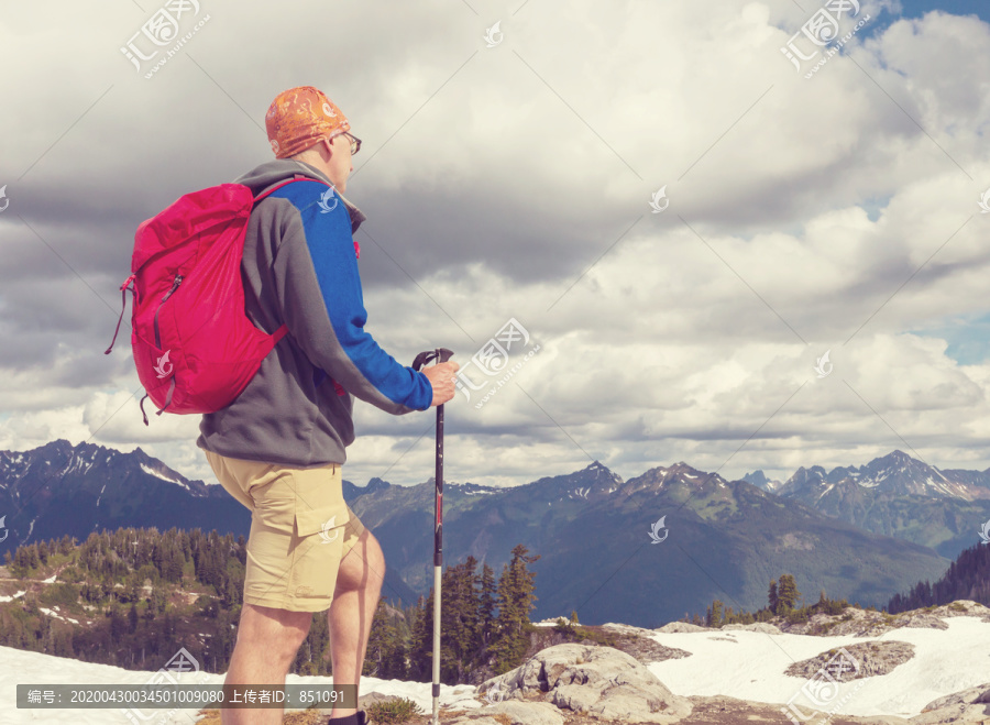 在夏季山区徒步旅行的背包客