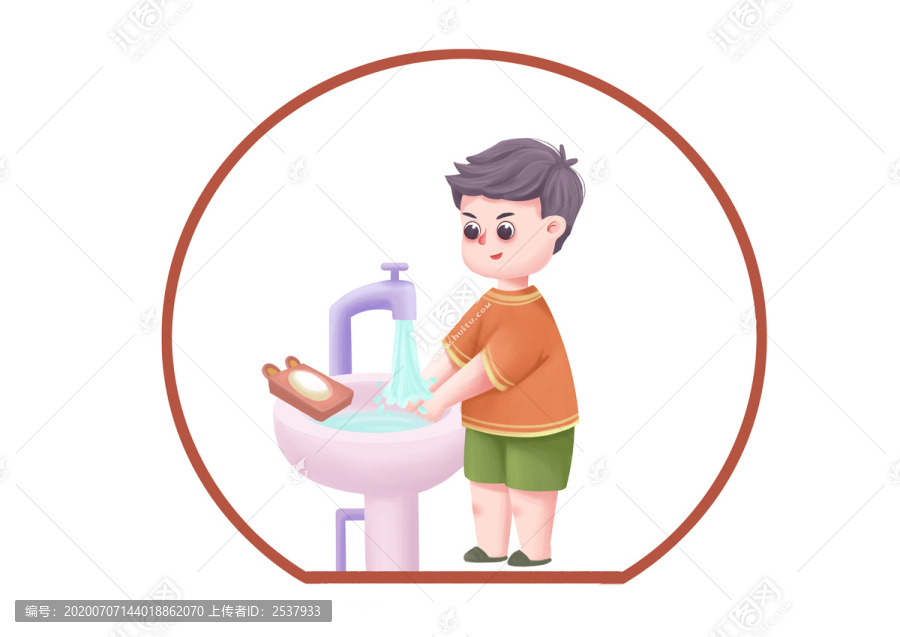 卡通男孩肥皂洗手的儿童防疫图标