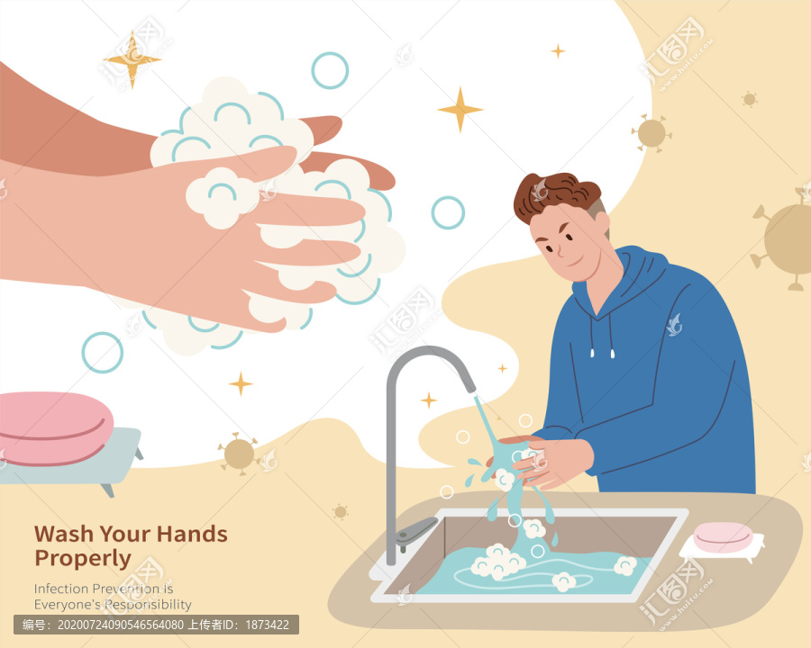 疫情期间勤洗手的男子插画