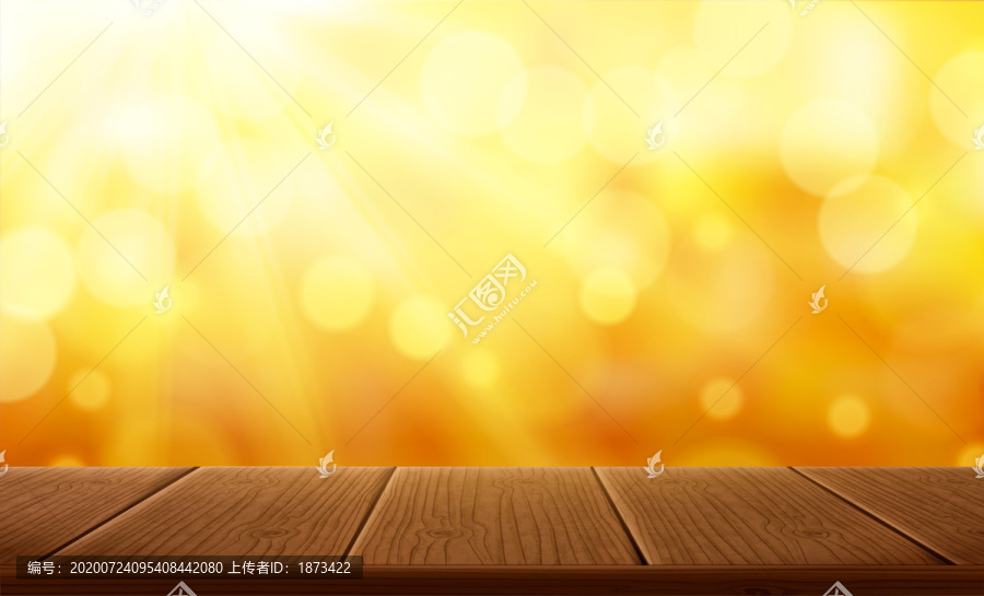 黄色虚化闪亮背景与木桌