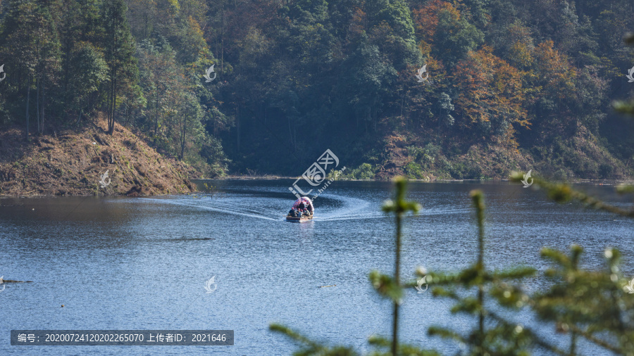 云南水富铜锣坝原始森林湖面与船