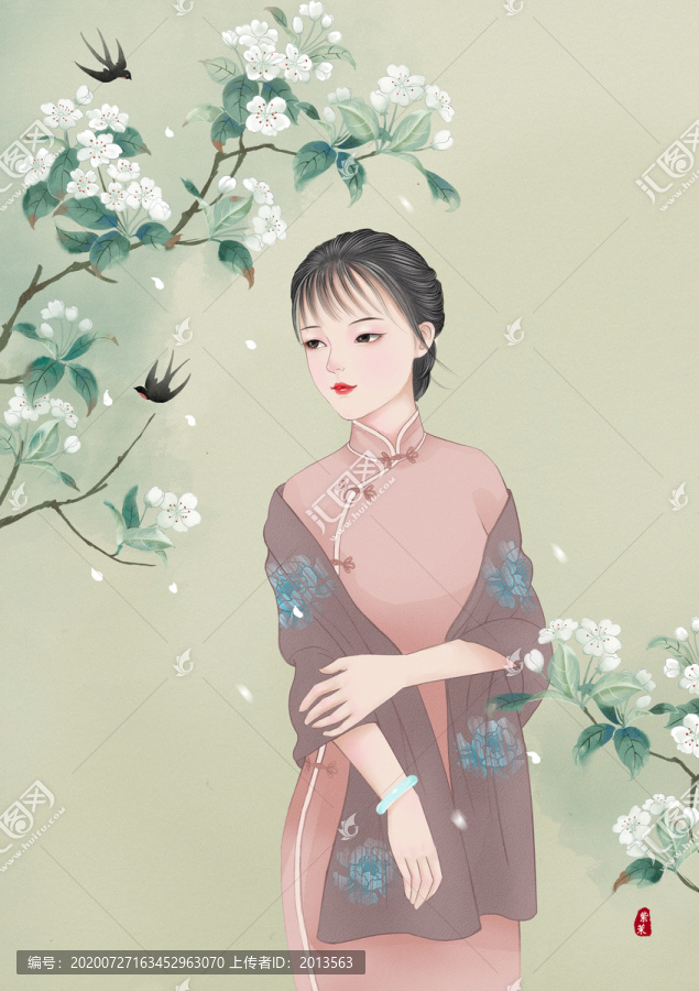 梨花下的旗袍女人插画