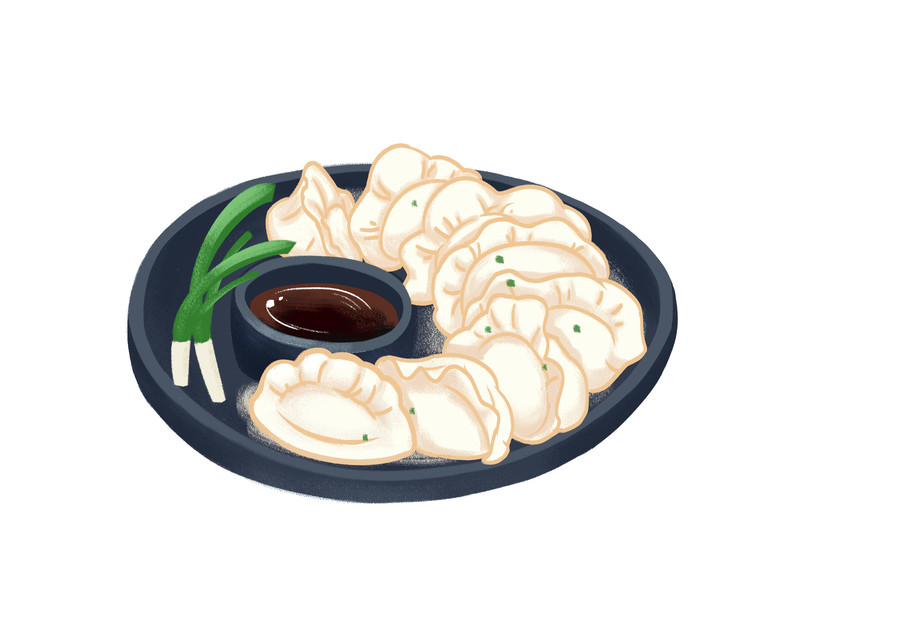 手绘卡通一盘饺子香葱美食插画